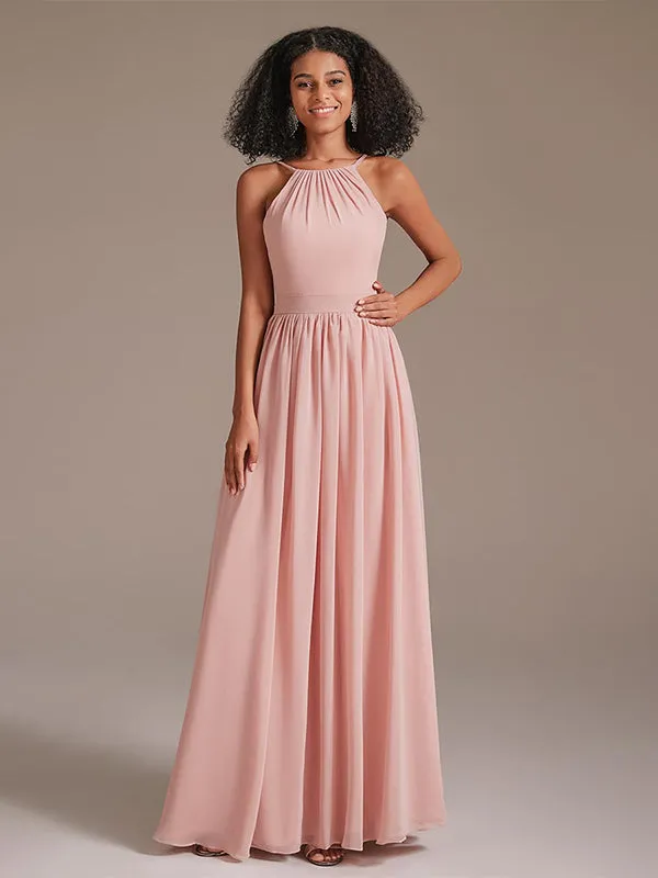 A-line Halter Neck Floor-Length Chiffon Bridesmaid Dress