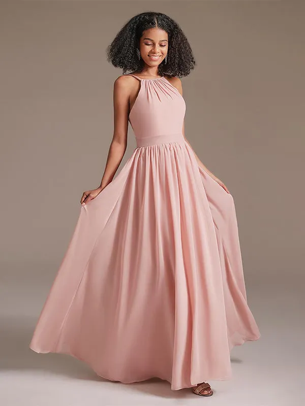 A-line Halter Neck Floor-Length Chiffon Bridesmaid Dress