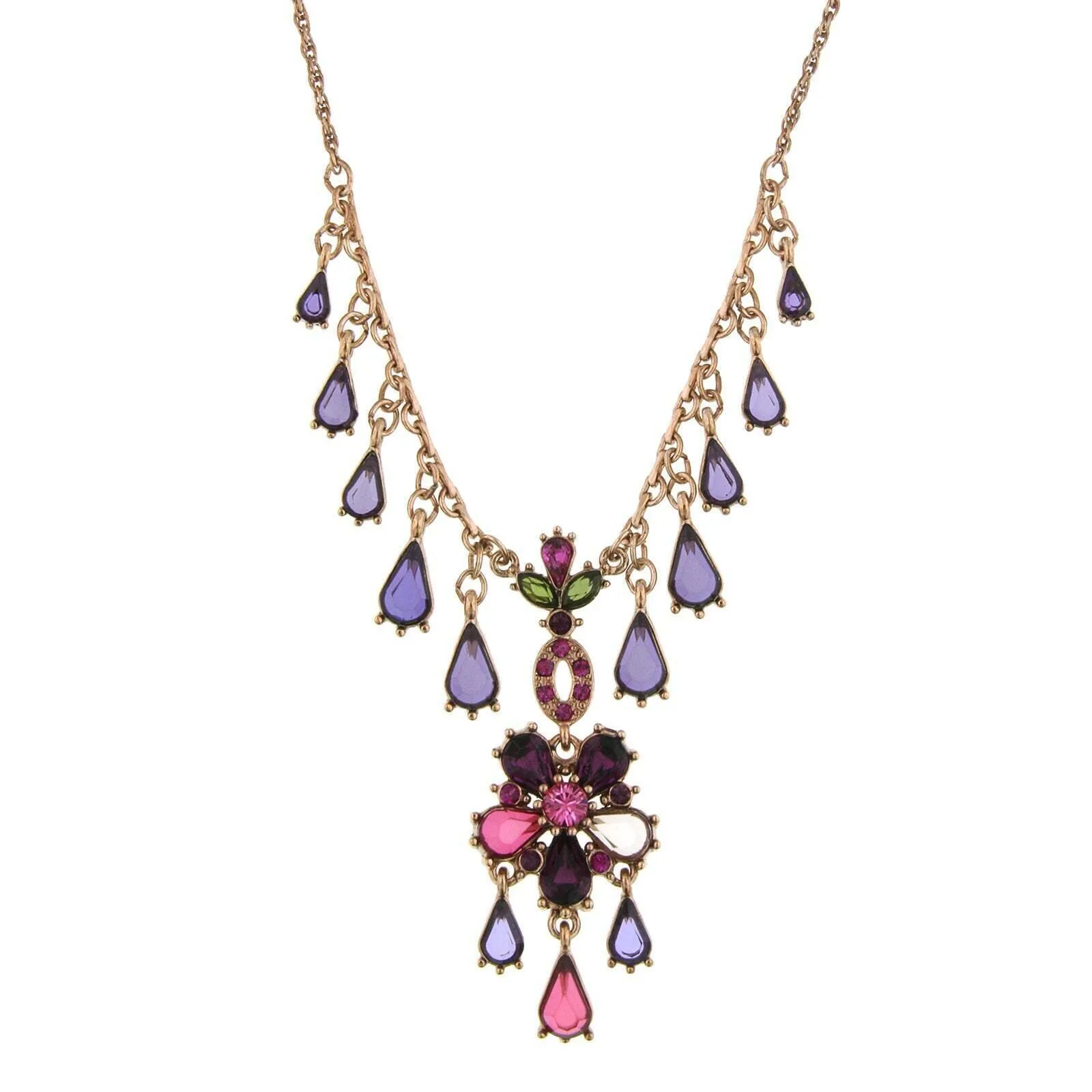 Antiquities Couture Rose Purple Pink And Green Multidrop Pendant Necklace 16"   3" Extender