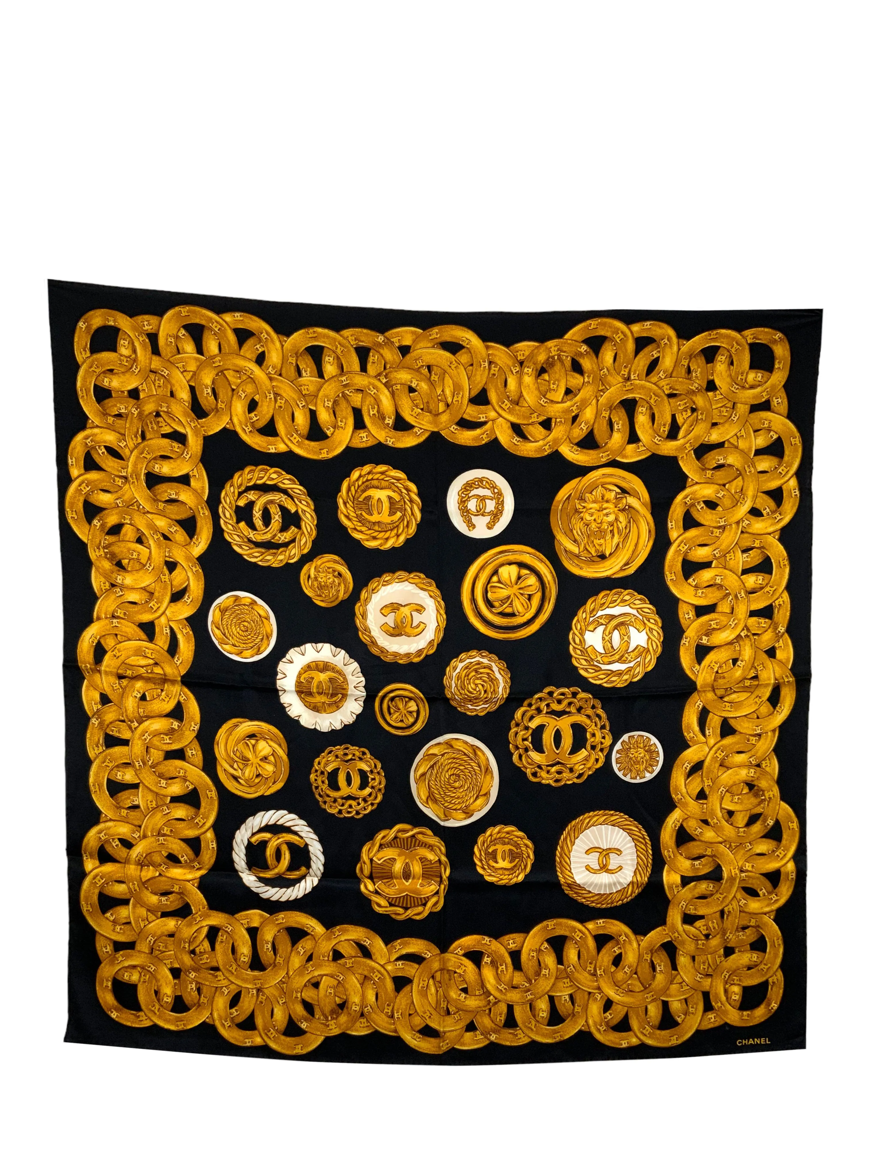 Chanel Paris Jeweled Brooches Silk Scarf