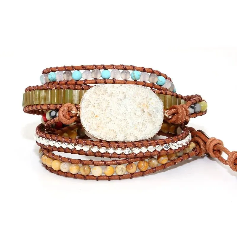 Chrysanthemum Stone Charm 5 Wrap Bracelet