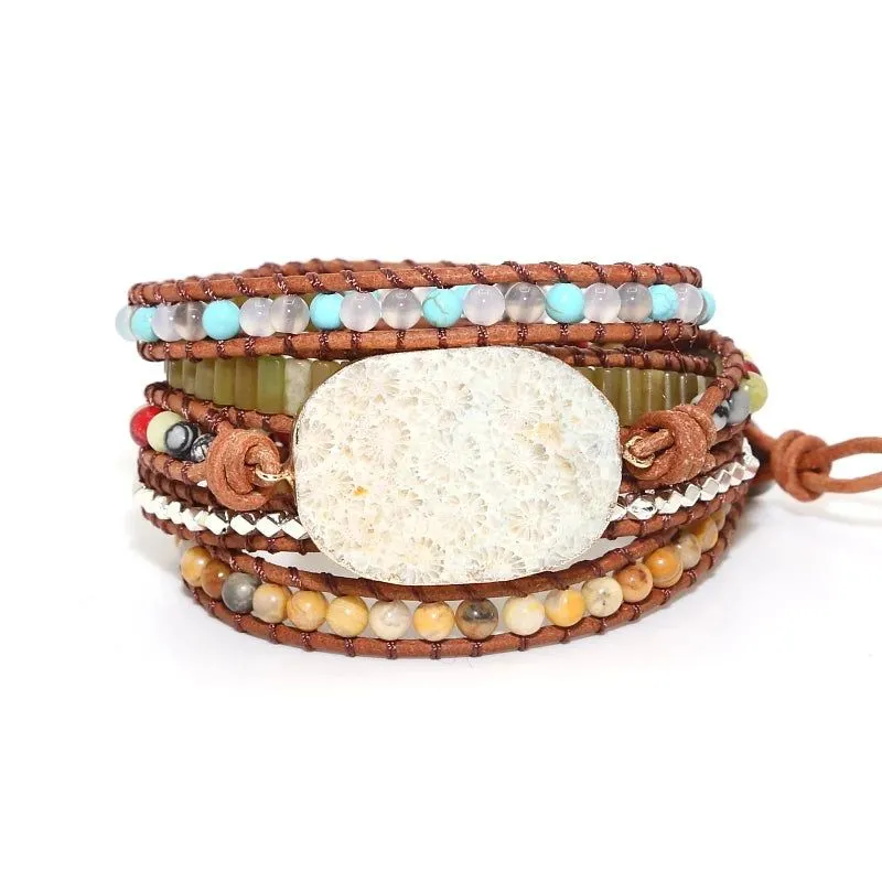 Chrysanthemum Stone Charm 5 Wrap Bracelet