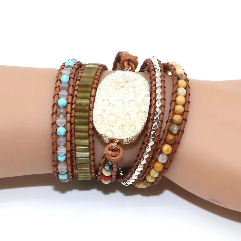 Chrysanthemum Stone Charm 5 Wrap Bracelet