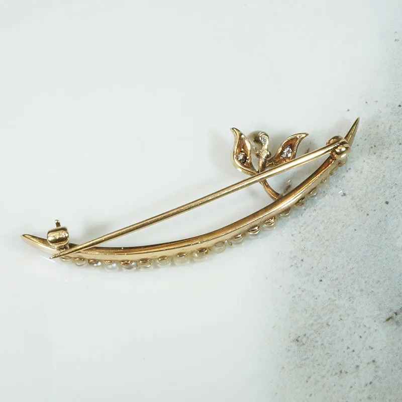 Crescent Moon Brooch with Pearl & Diamond Sprig