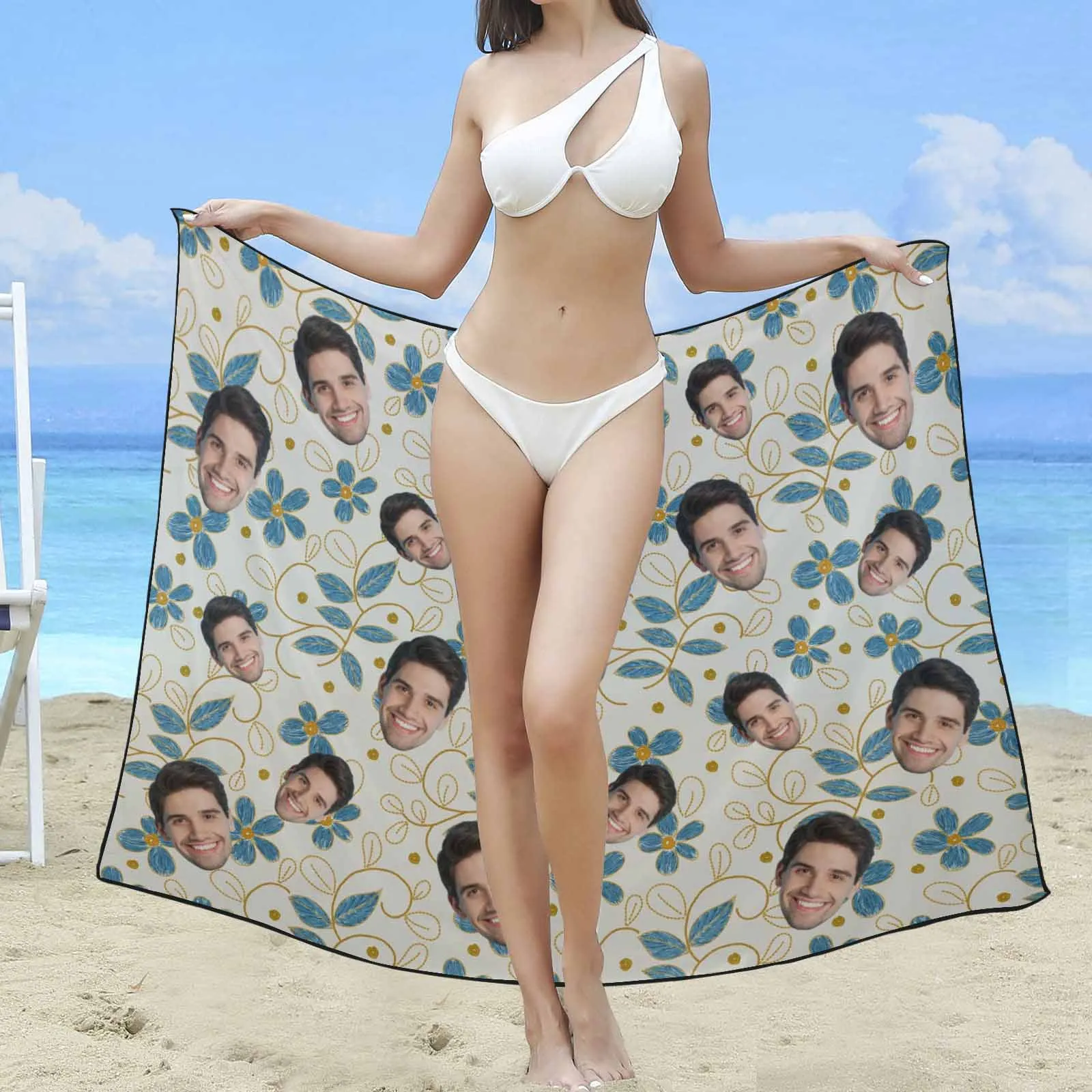 Custom Face Blue Flowers Long Sarongs Beach Wrap Personalized Bikini Cover Up