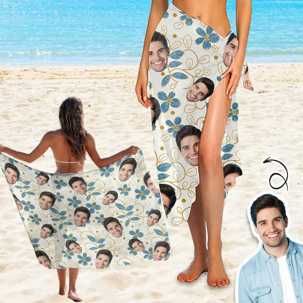 Custom Face Blue Flowers Long Sarongs Beach Wrap Personalized Bikini Cover Up