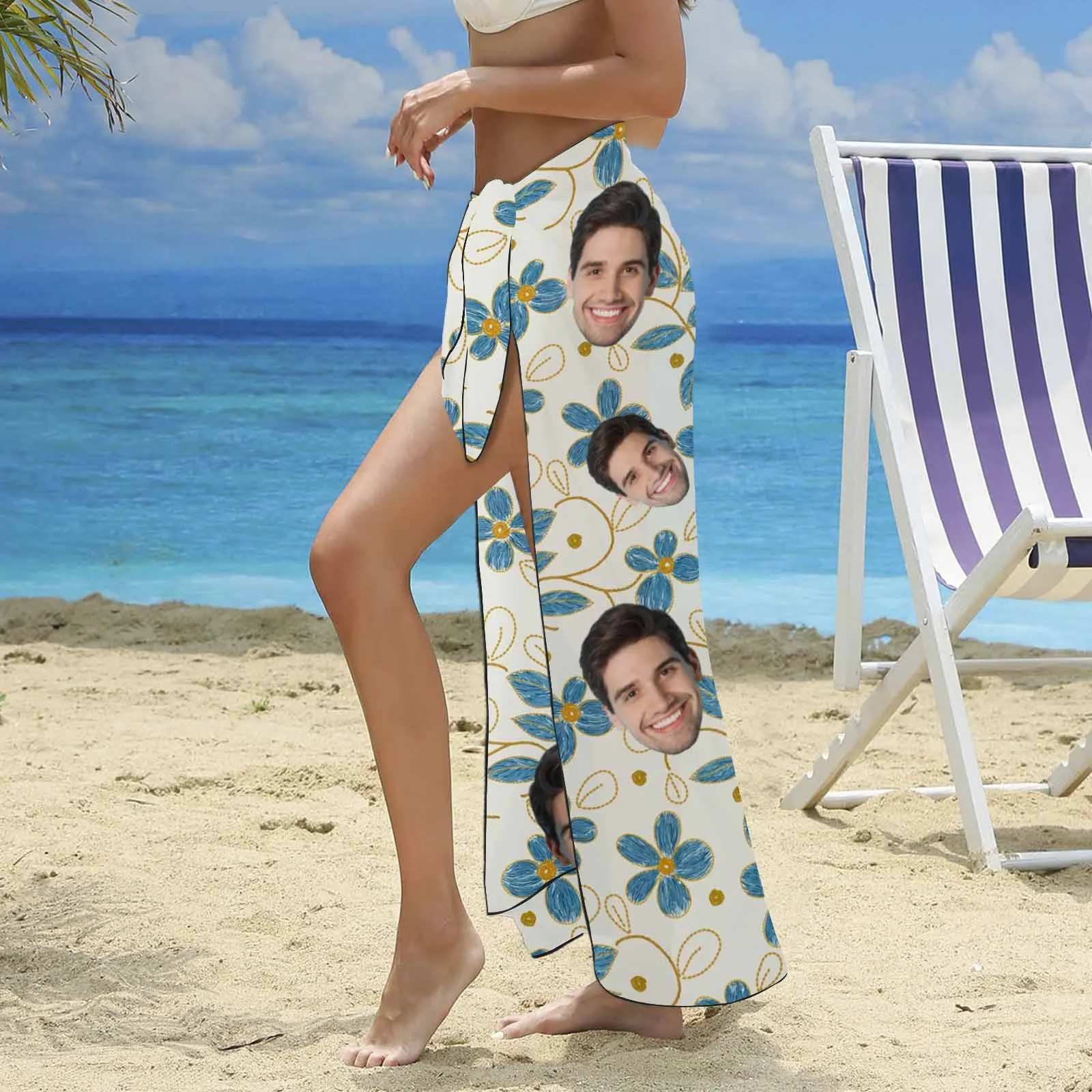 Custom Face Blue Flowers Long Sarongs Beach Wrap Personalized Bikini Cover Up