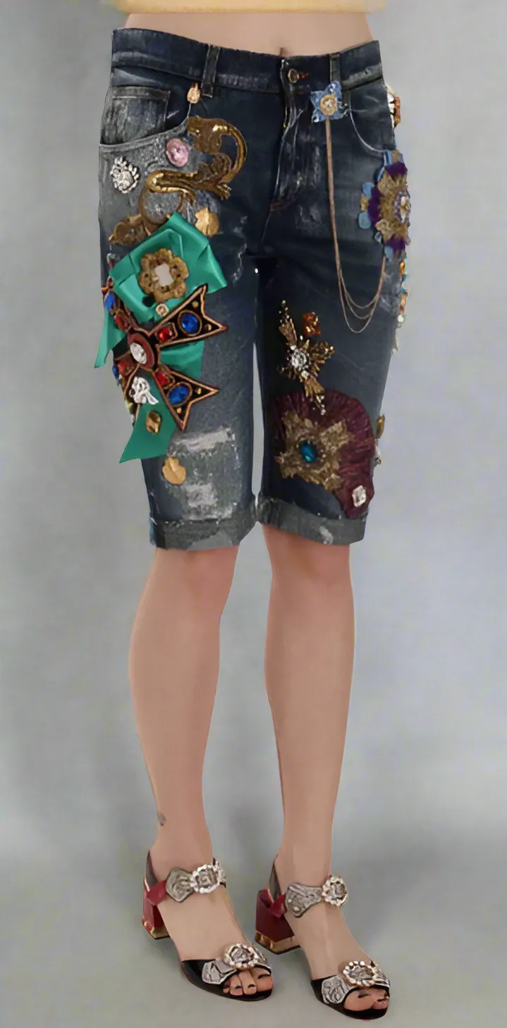 DOLCE & GABBANA BLUE DENIM MID WAIST CRYSTAL CAPRI SHORTS ITALY