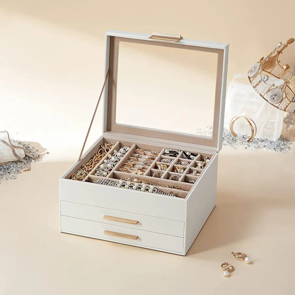 Durable 3-Layer Jewelry Box with Glass Lid and Drawers - SONGMICS