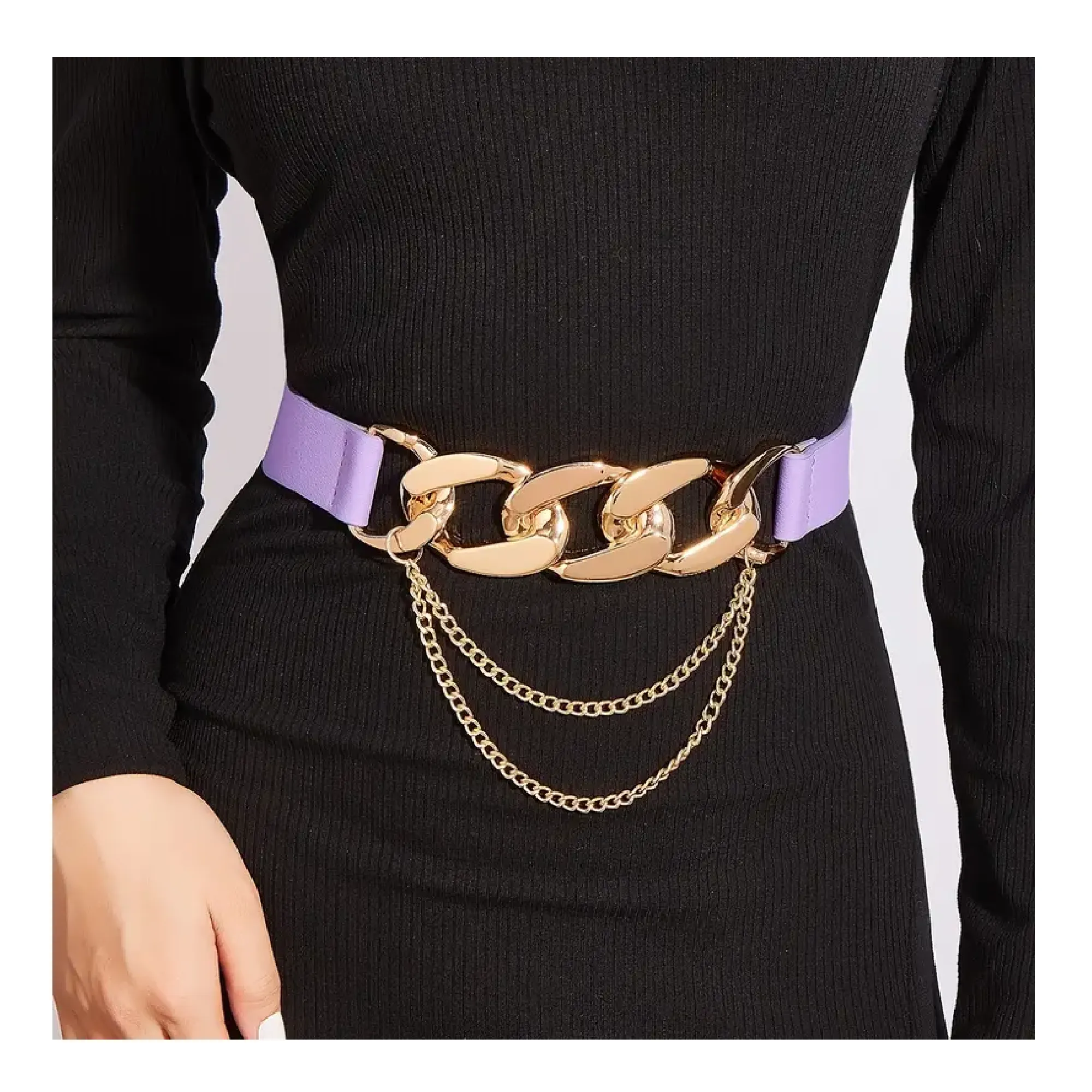 Elastic Belts With Chain Decor For Women Elastic Belt Faux Leather Stretchy Metal Buckle Fabric Cinch Waist Belts For Women