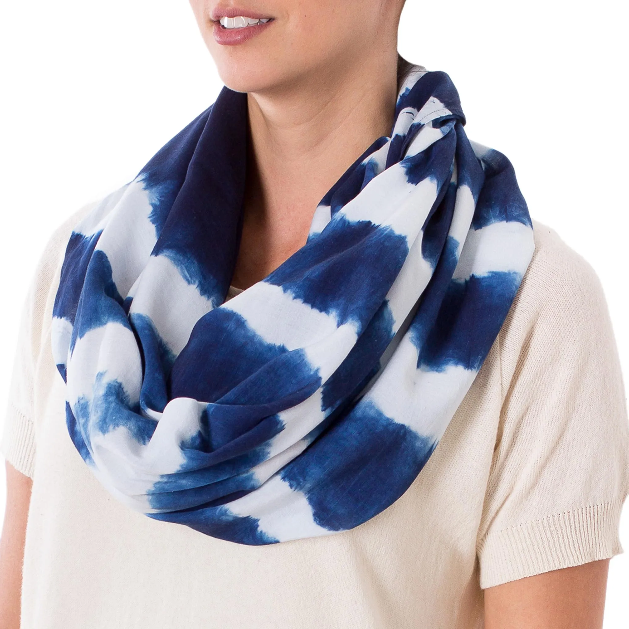 Endless Indigo Indigo and White Stripe Shibori Dyed Cotton Infinity Scarf