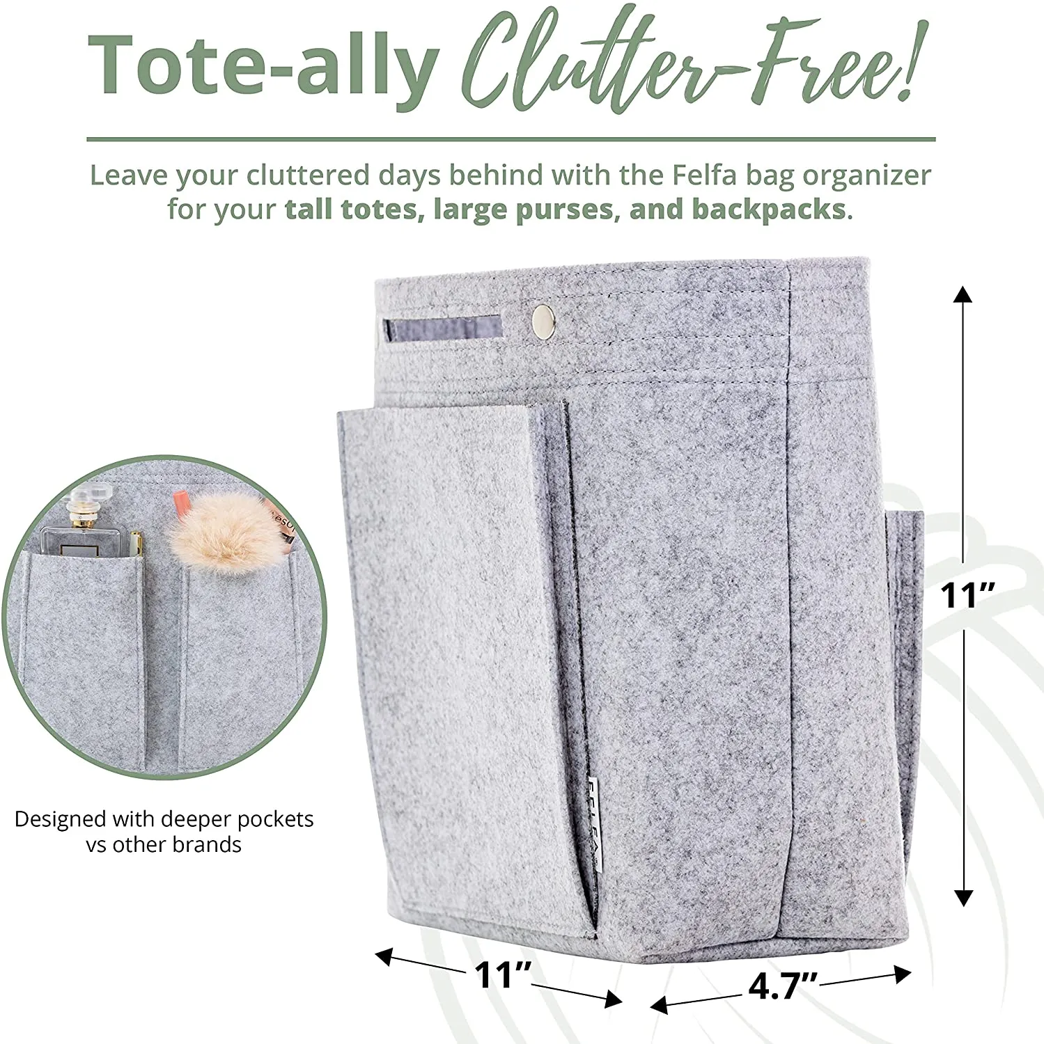 FELFA 11 inch Soft Grey Felt Tote Organizer Insert for Purses, Backpacks, and Tall Totes