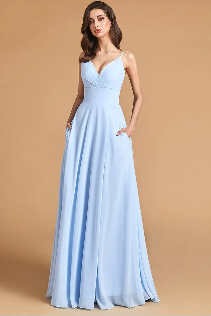 Flash Sale Minimalist A Line Spaghetti Straps V Neck Bridesmaid Dresses with Slit