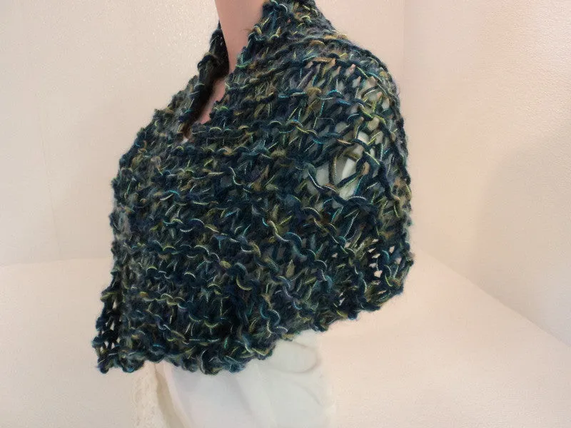 Handcrafted Knitted Cowl Wrap Blue/Green/Gold Alpaca Mohair Blend Female Adult -- New No Tags