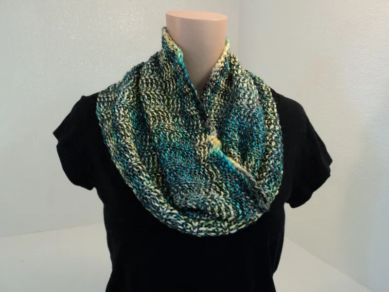 Handcrafted Knitted Cowl Wrap Teal/Yellow/Gray Textured 100% Merino Silk Female -- New No Tags