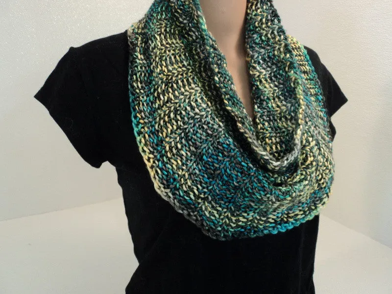 Handcrafted Knitted Cowl Wrap Teal/Yellow/Gray Textured 100% Merino Silk Female -- New No Tags