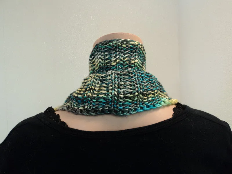 Handcrafted Knitted Cowl Wrap Teal/Yellow/Gray Textured 100% Merino Silk Female -- New No Tags