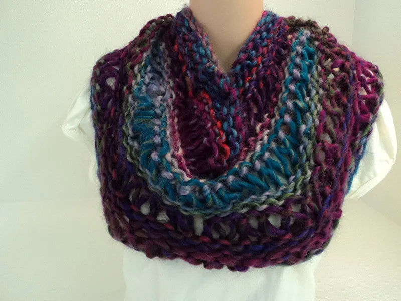 Handcrafted Wrap Cowl Teal Magenta Drop Stitch Acrylic Wool Mix Female Adult -- New No Tags