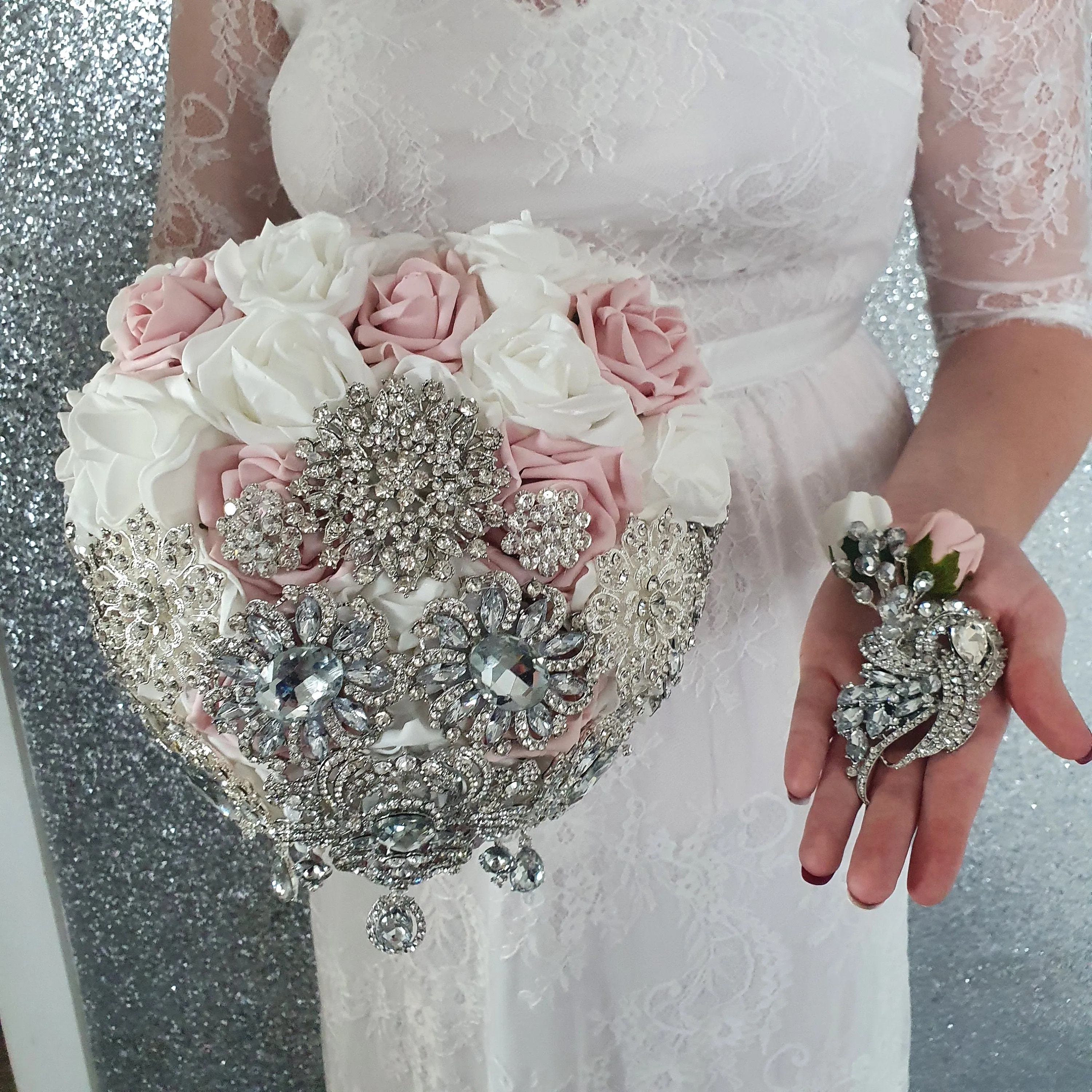 Heart shape brooch bouquet plus groom buttonhole artificial ,wedding flowers by Crystal wedding uk