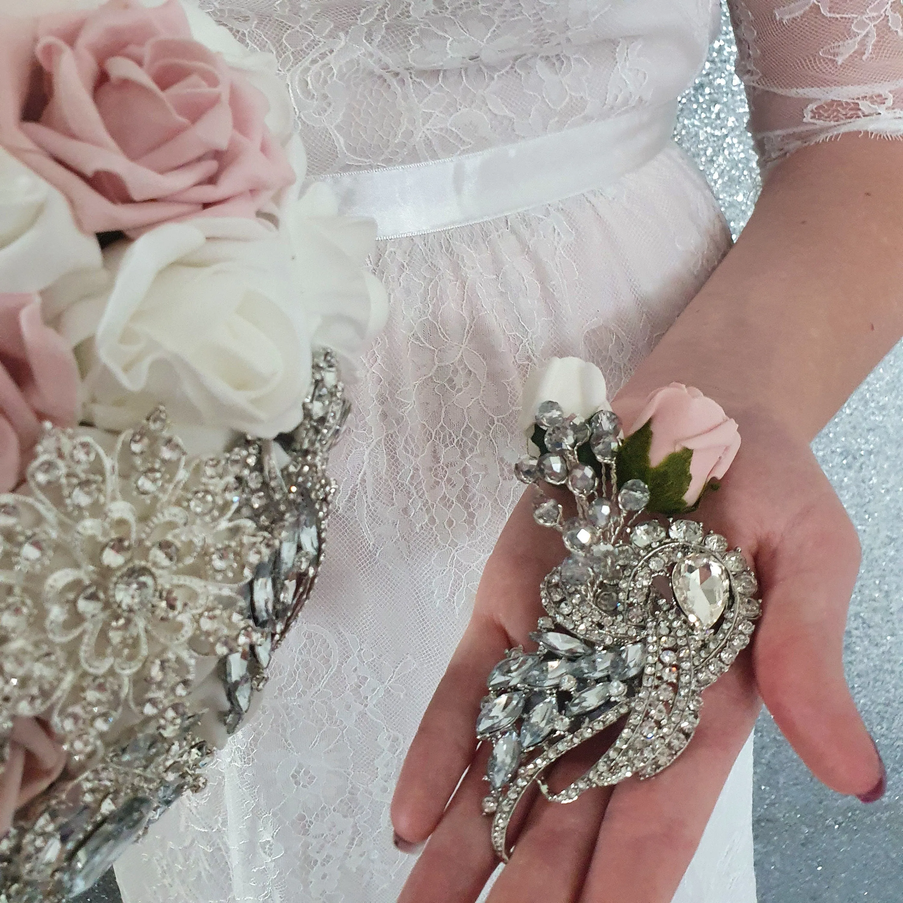 Heart shape brooch bouquet plus groom buttonhole artificial ,wedding flowers by Crystal wedding uk