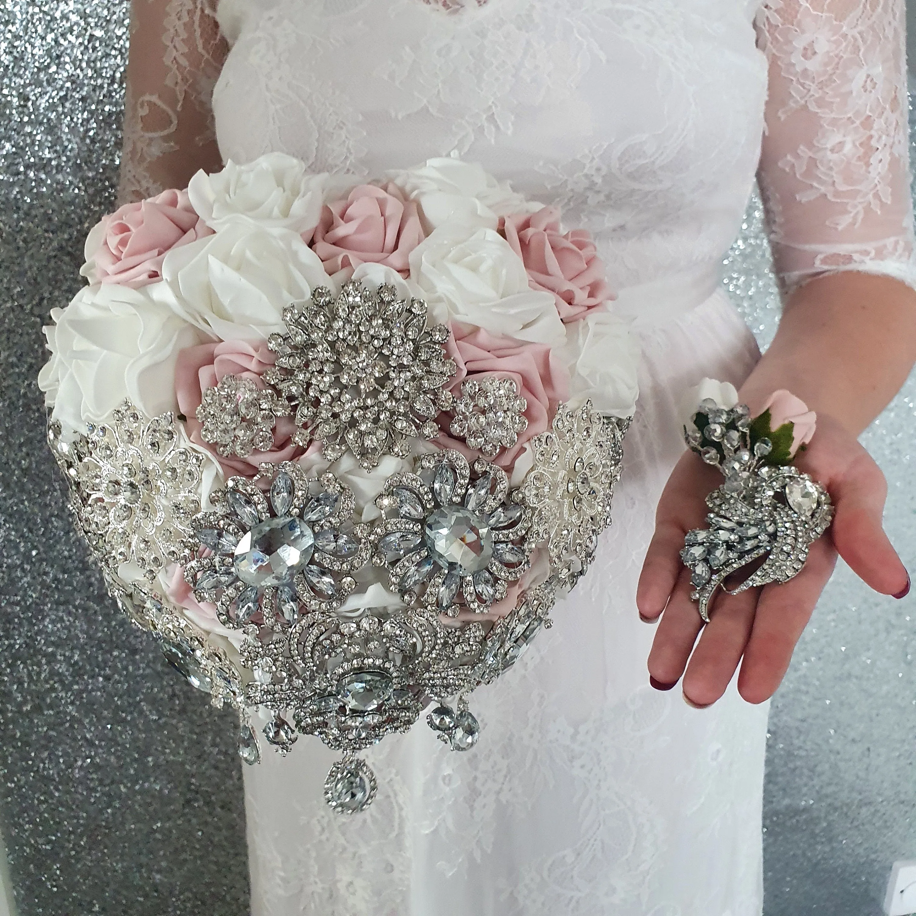 Heart shape brooch bouquet plus groom buttonhole artificial ,wedding flowers by Crystal wedding uk