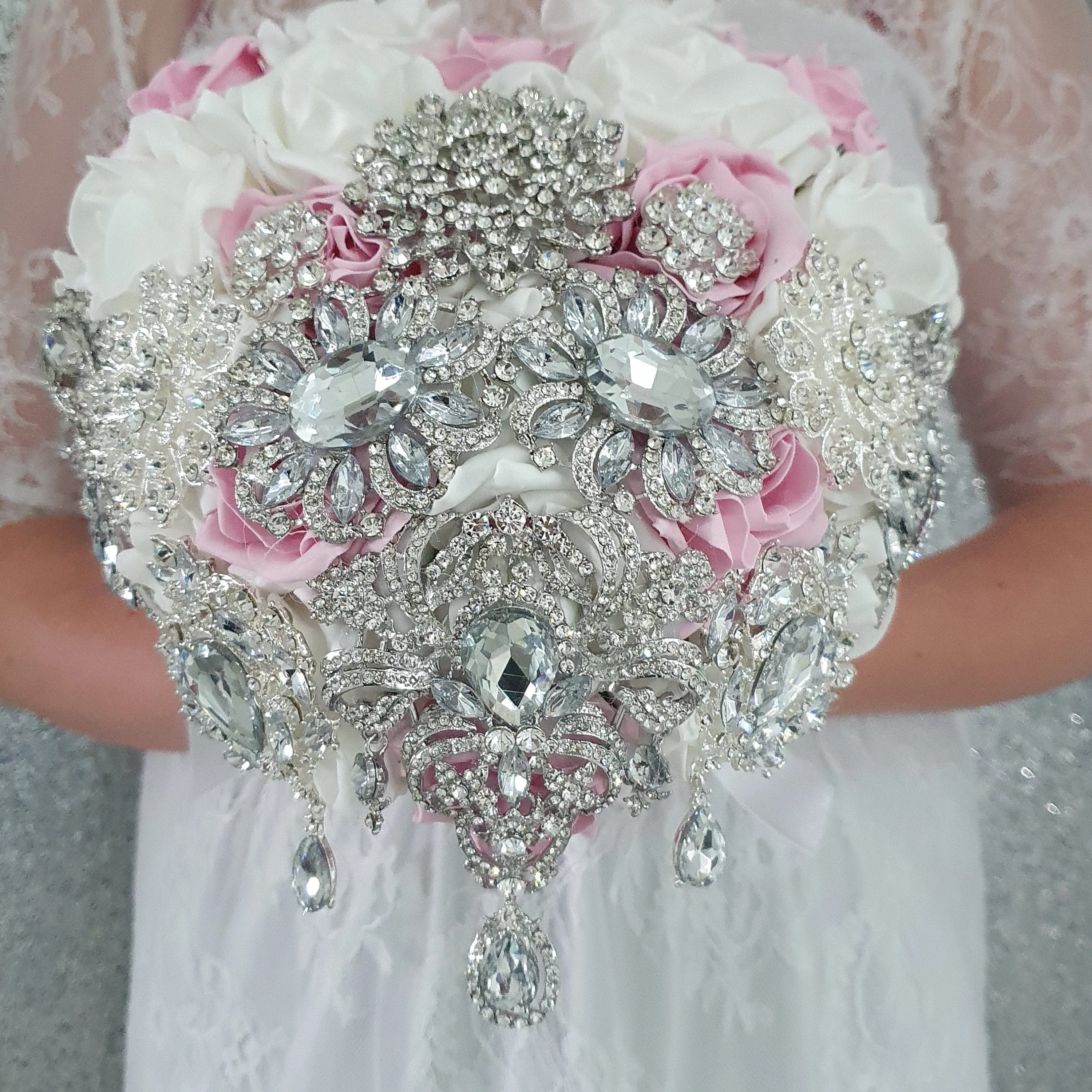 Heart shape brooch bouquet plus groom buttonhole artificial ,wedding flowers by Crystal wedding uk