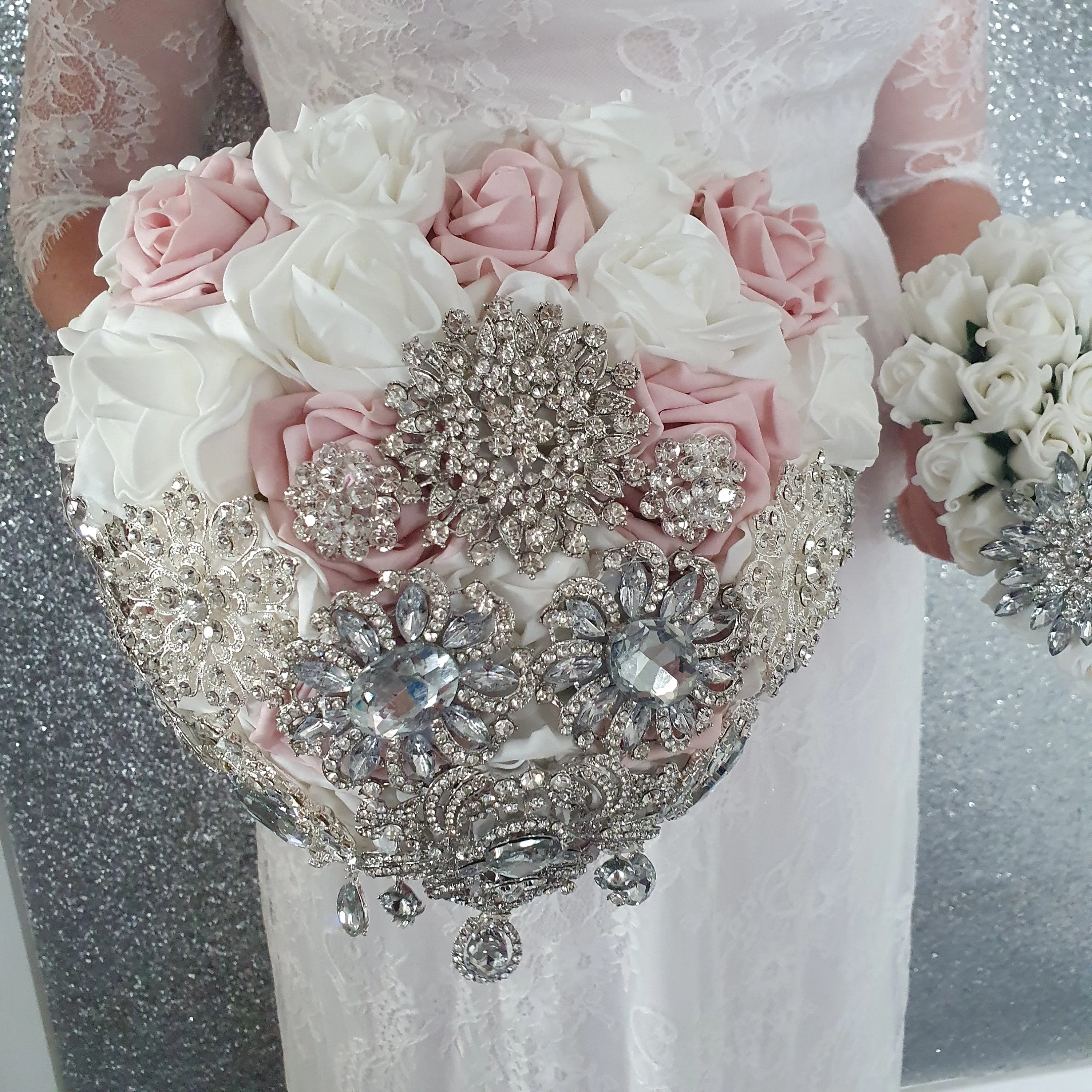 Heart shape brooch bouquet plus groom buttonhole artificial ,wedding flowers by Crystal wedding uk