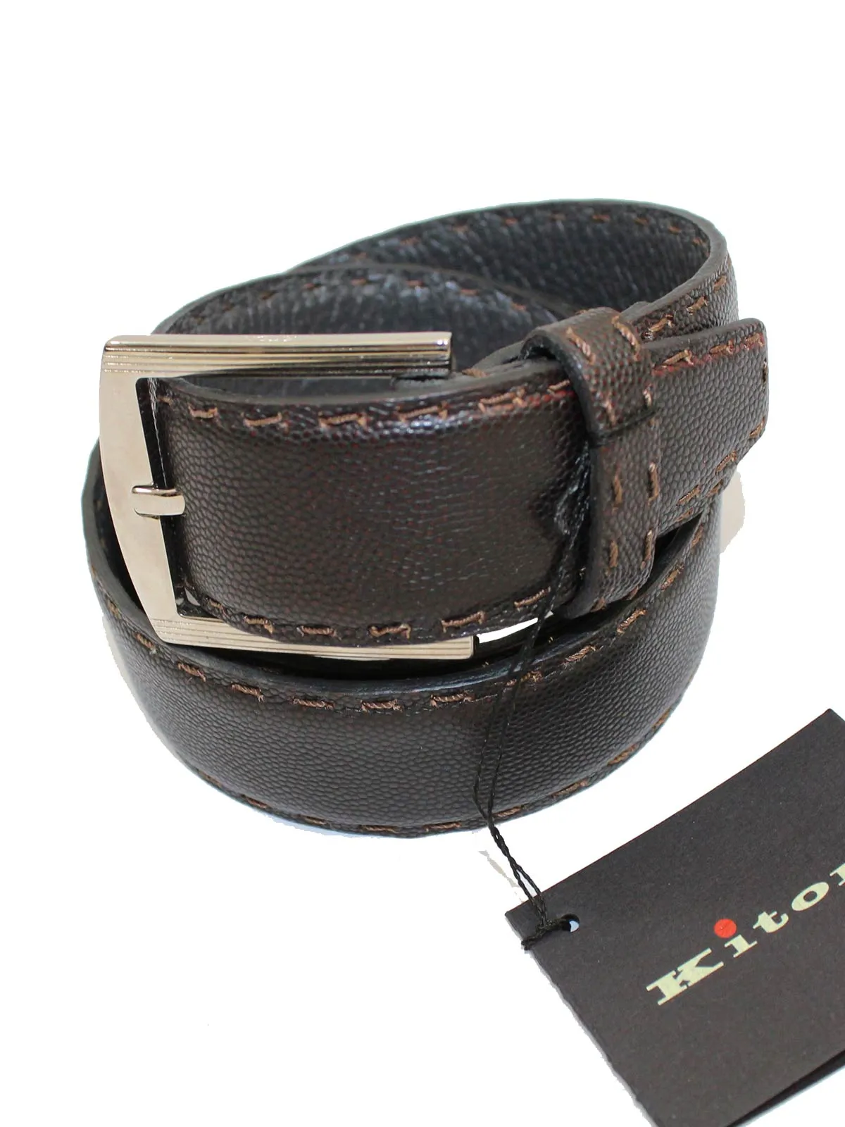 Kiton Leather Belt Dark Brown Stitch Detail Men Belt 85 / 34 SALE