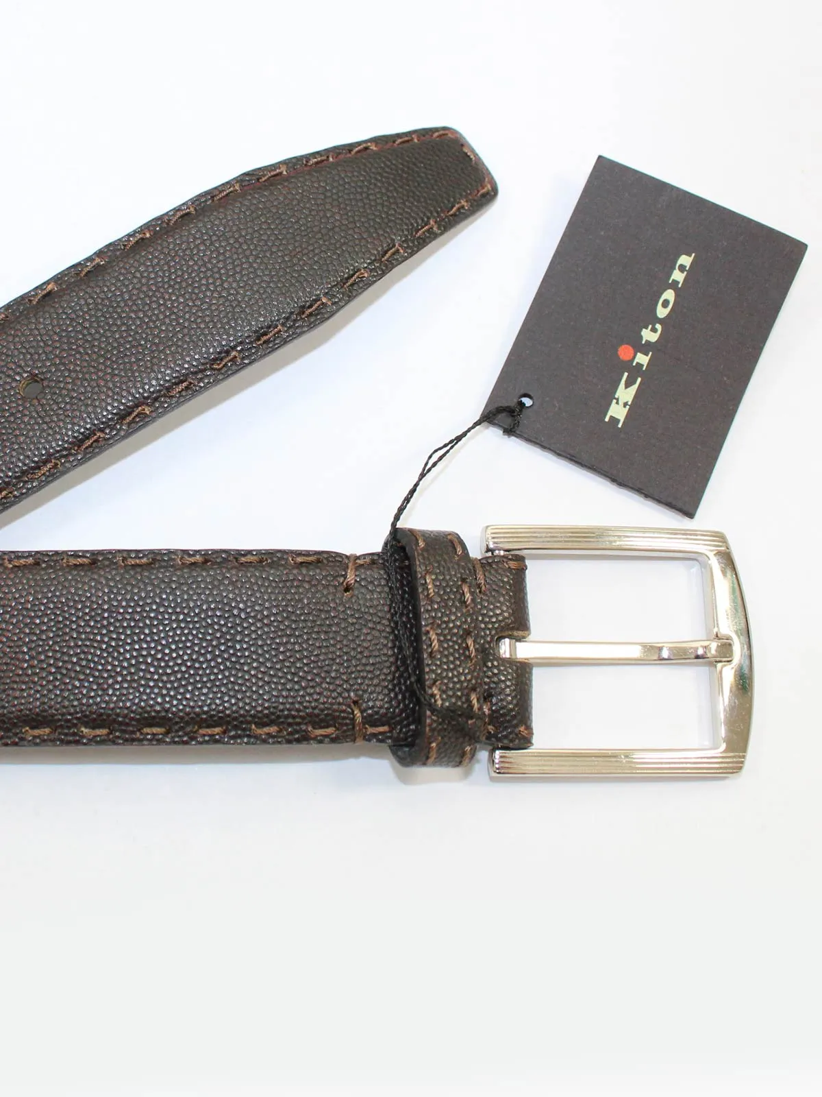 Kiton Leather Belt Dark Brown Stitch Detail Men Belt 85 / 34 SALE