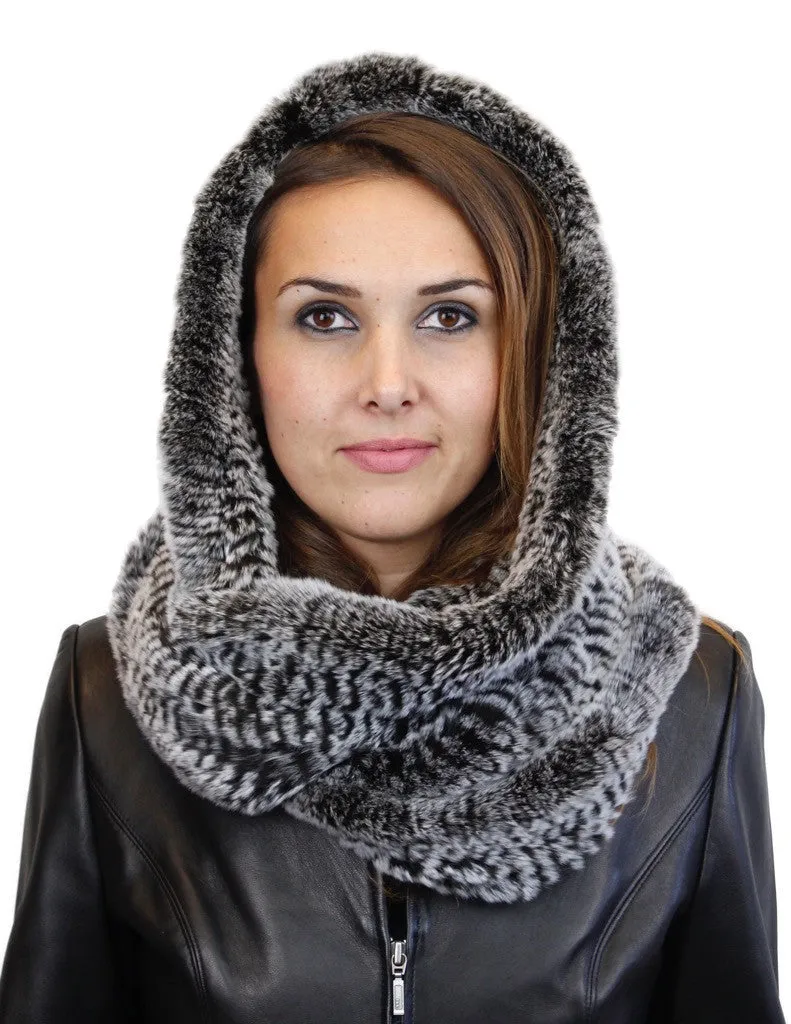 KNITTED REX RABBIT FUR HOODED INFINITY SCARF / NECK WARMER