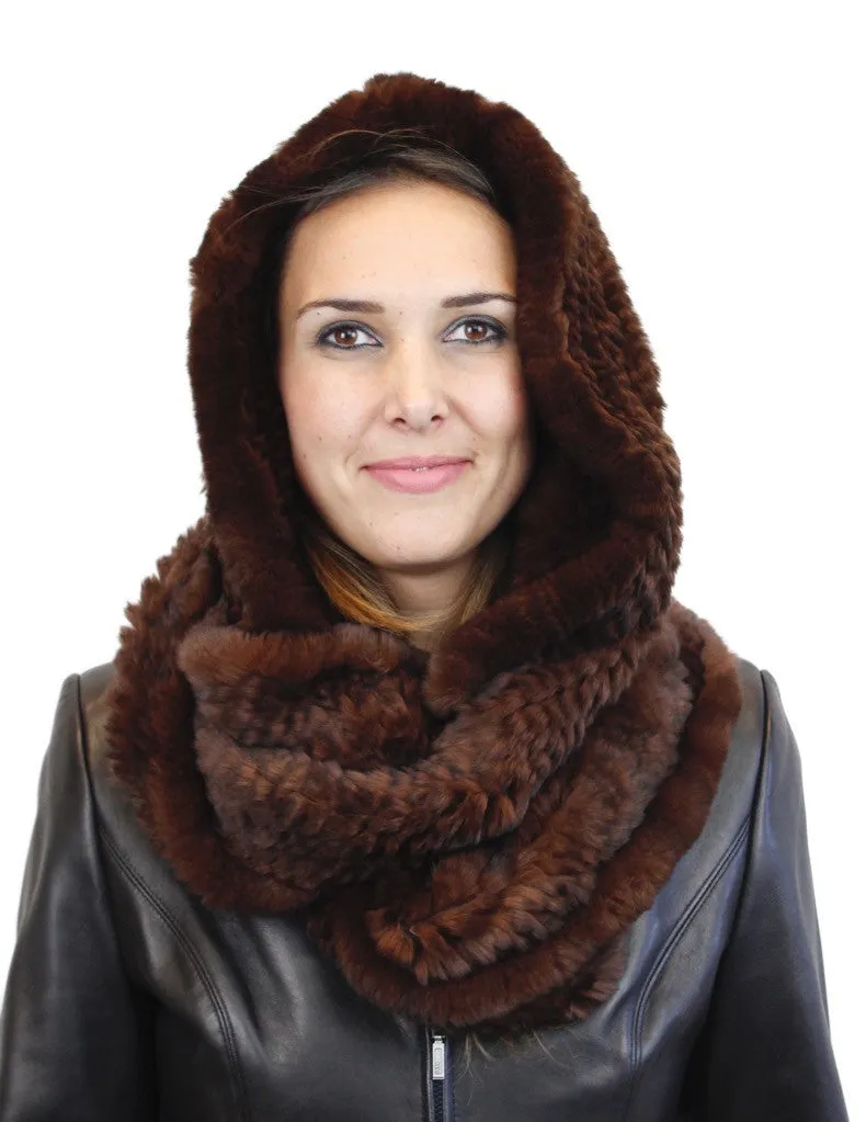 KNITTED REX RABBIT FUR HOODED INFINITY SCARF / NECK WARMER