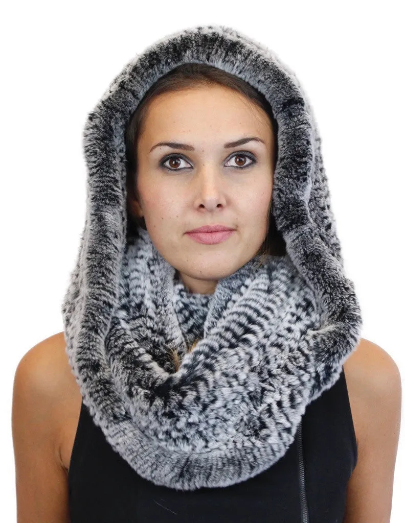 KNITTED REX RABBIT FUR HOODED INFINITY SCARF / NECK WARMER