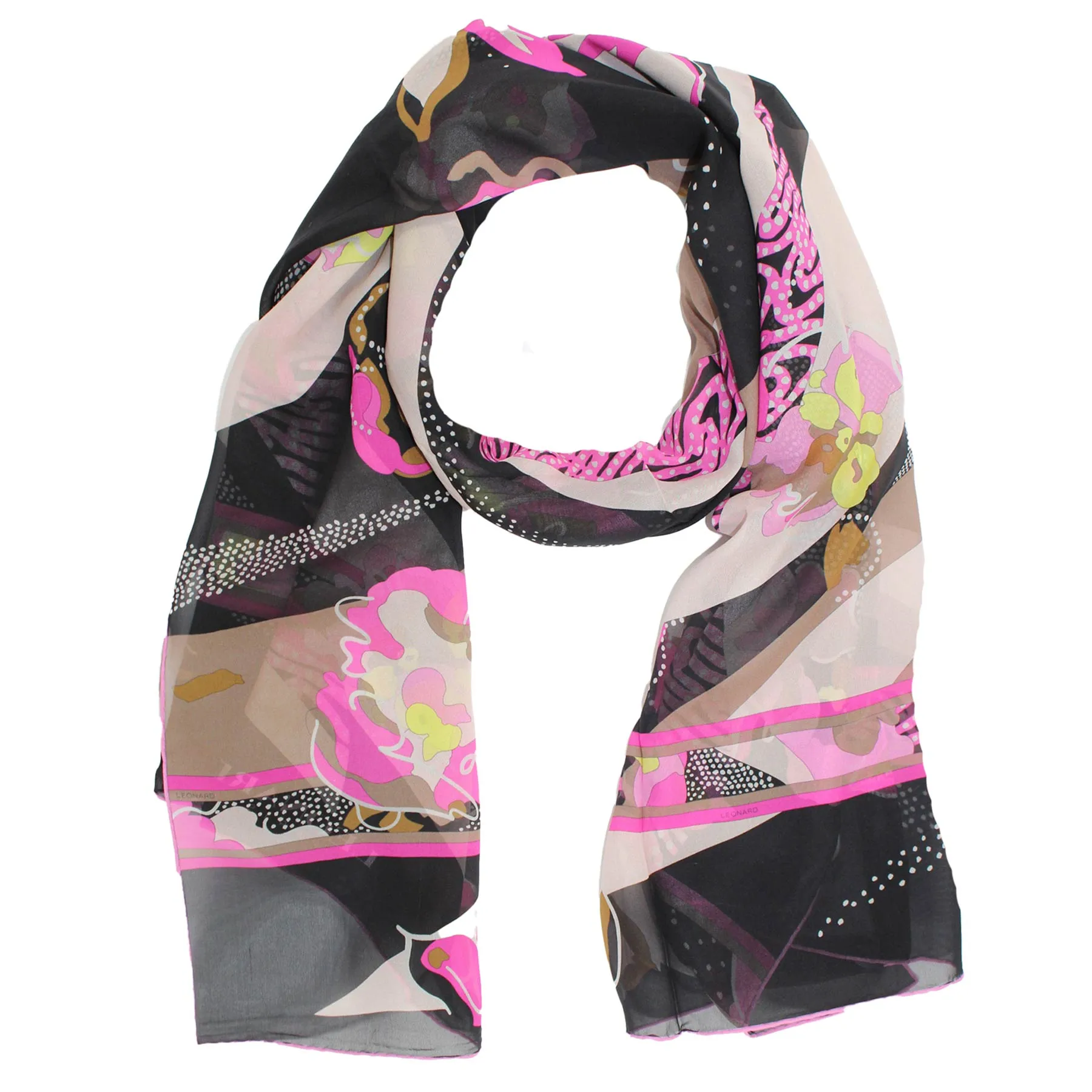 Leonard Paris Scarf Black Cream Pink Floral - Chiffon Silk Shawl SALE