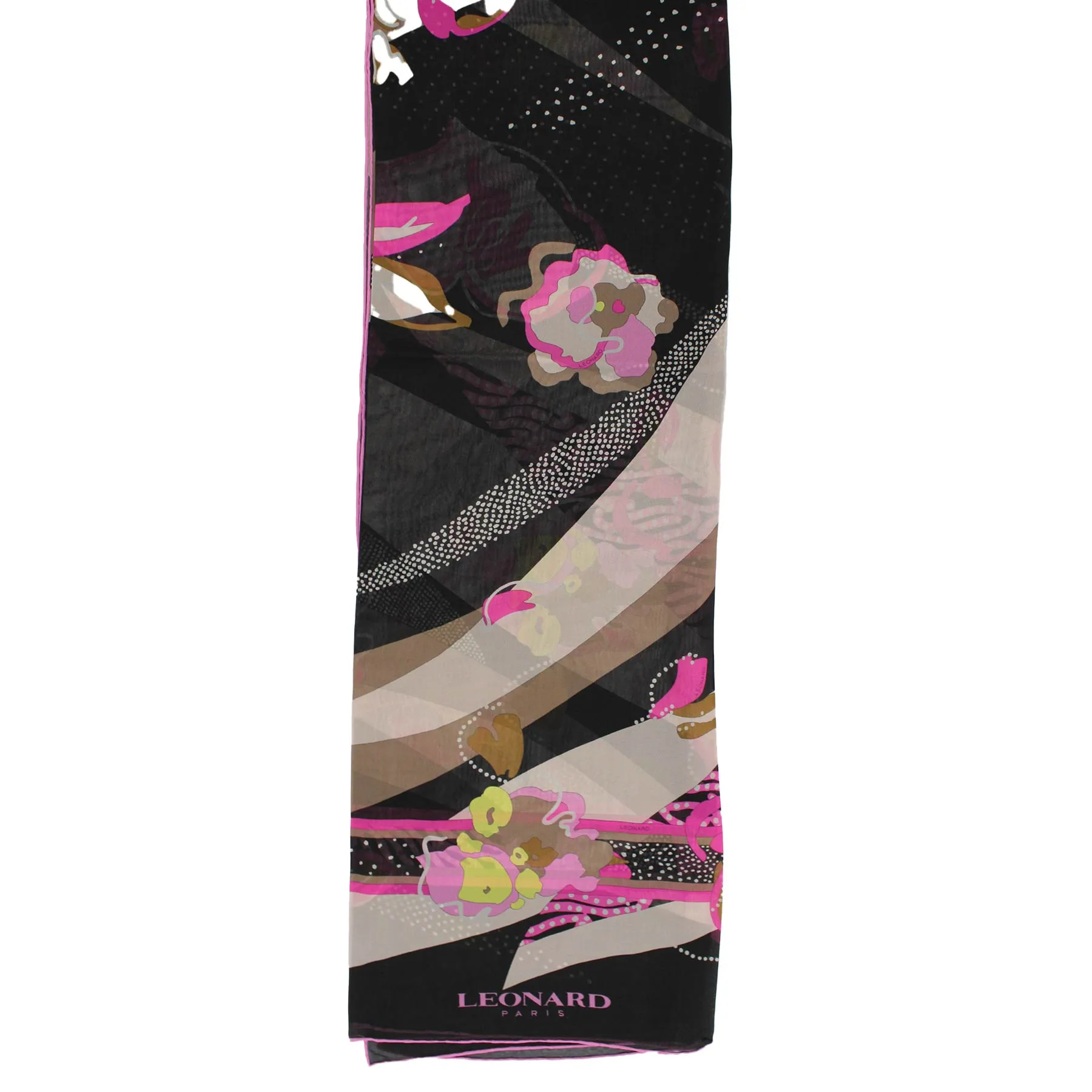 Leonard Paris Scarf Black Cream Pink Floral - Chiffon Silk Shawl SALE