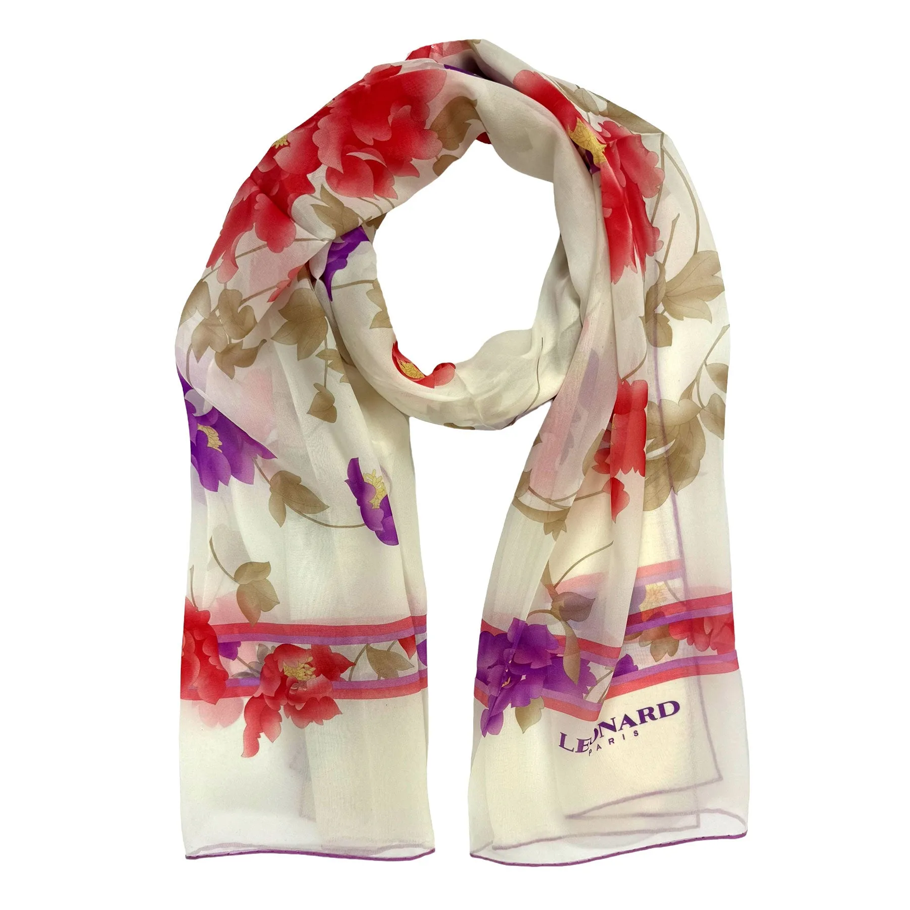 Leonard Paris Scarf White Purple Red Pink Floral Design - Chiffon Silk Shawl