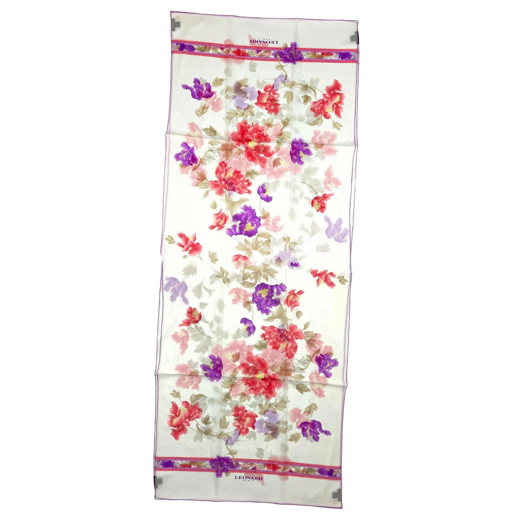 Leonard Paris Scarf White Purple Red Pink Floral Design - Chiffon Silk Shawl