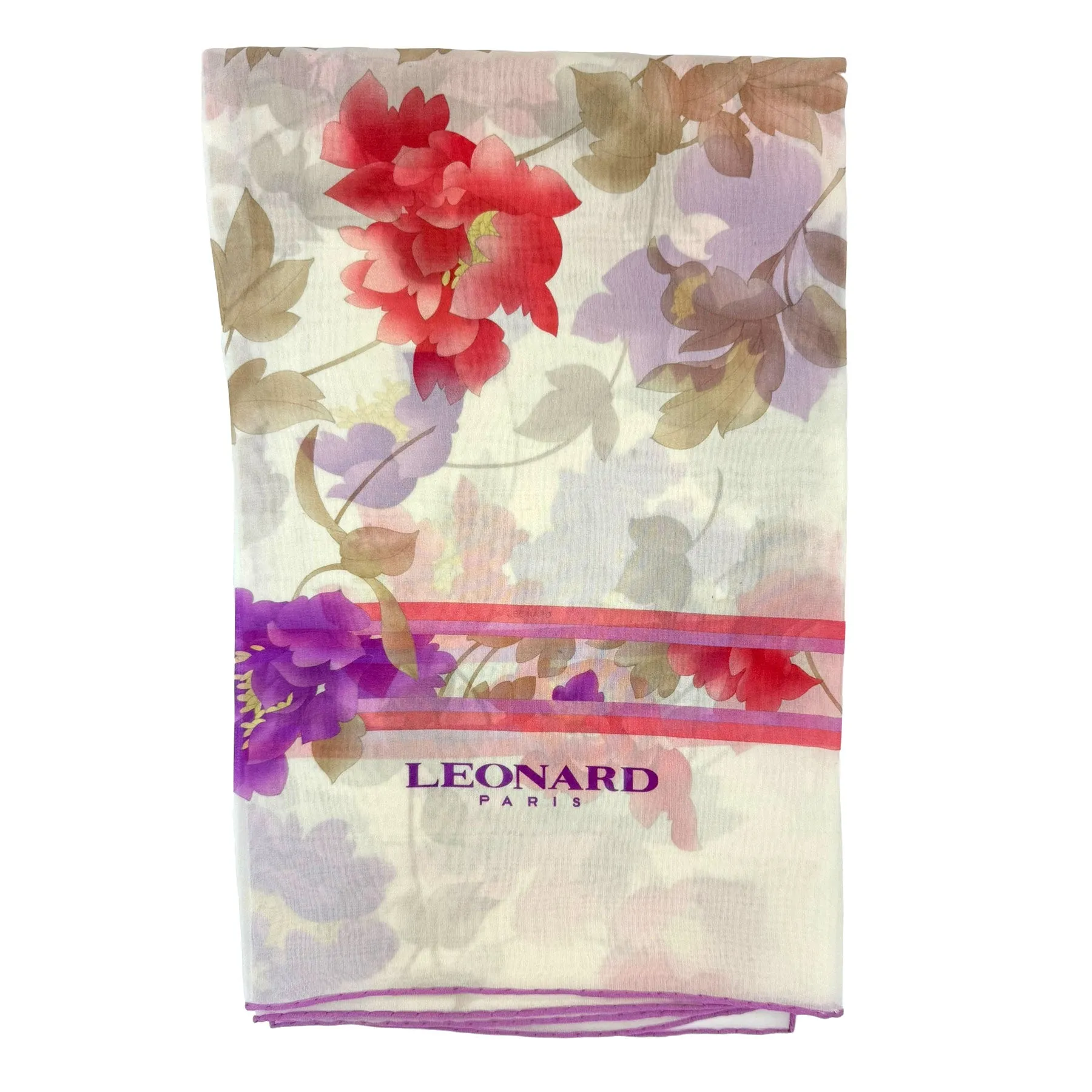 Leonard Paris Scarf White Purple Red Pink Floral Design - Chiffon Silk Shawl