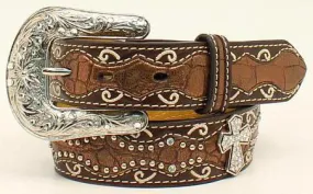 MF Western Ariat Girls Brown Croc Print Cross Leather Belt Style A1302802