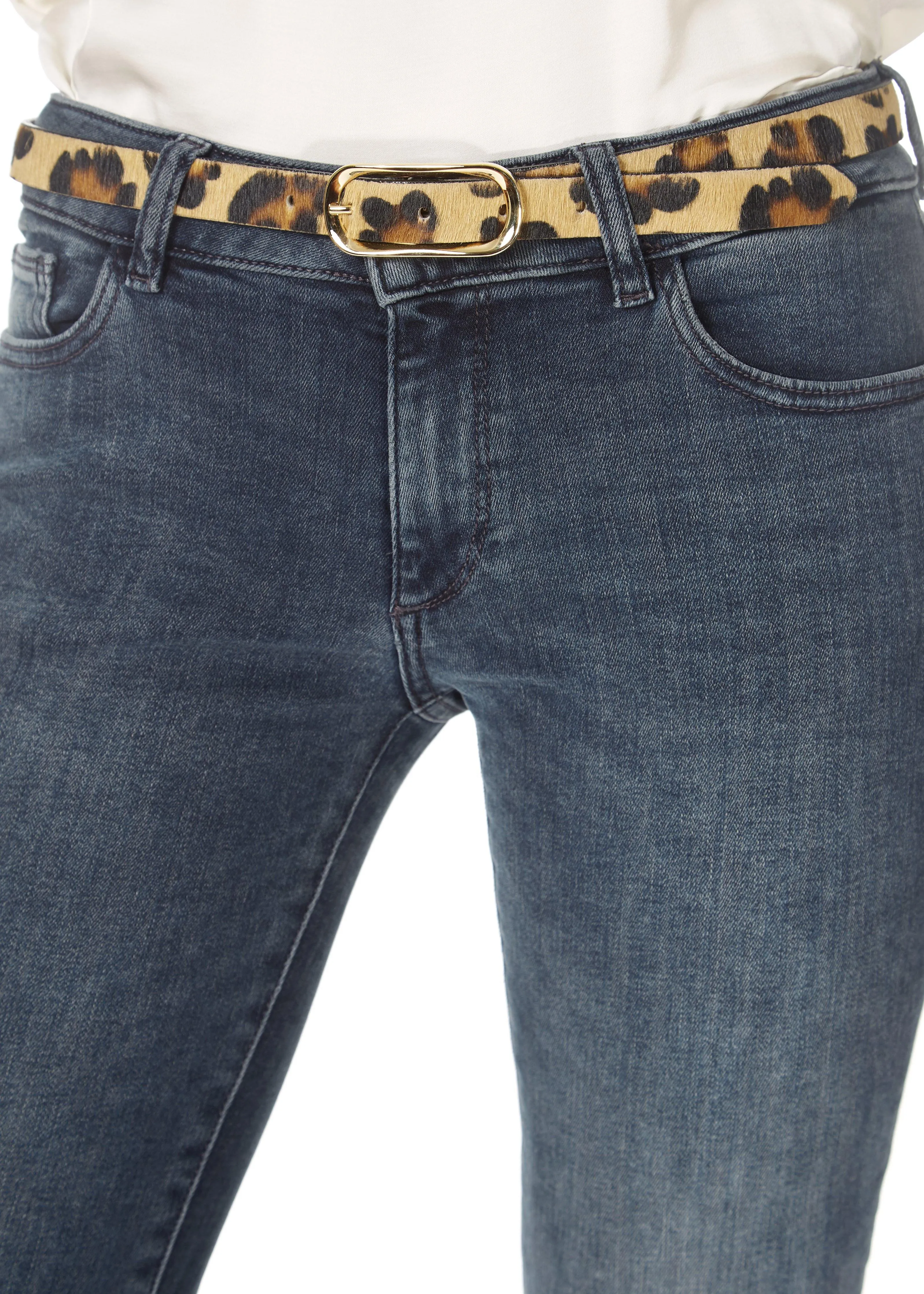 'Midori' Thin Leopard Print Belt With Gold Buckle