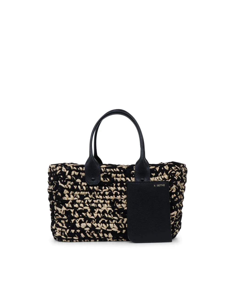 Mini Shopping Rafia Tote in Nero and Beige