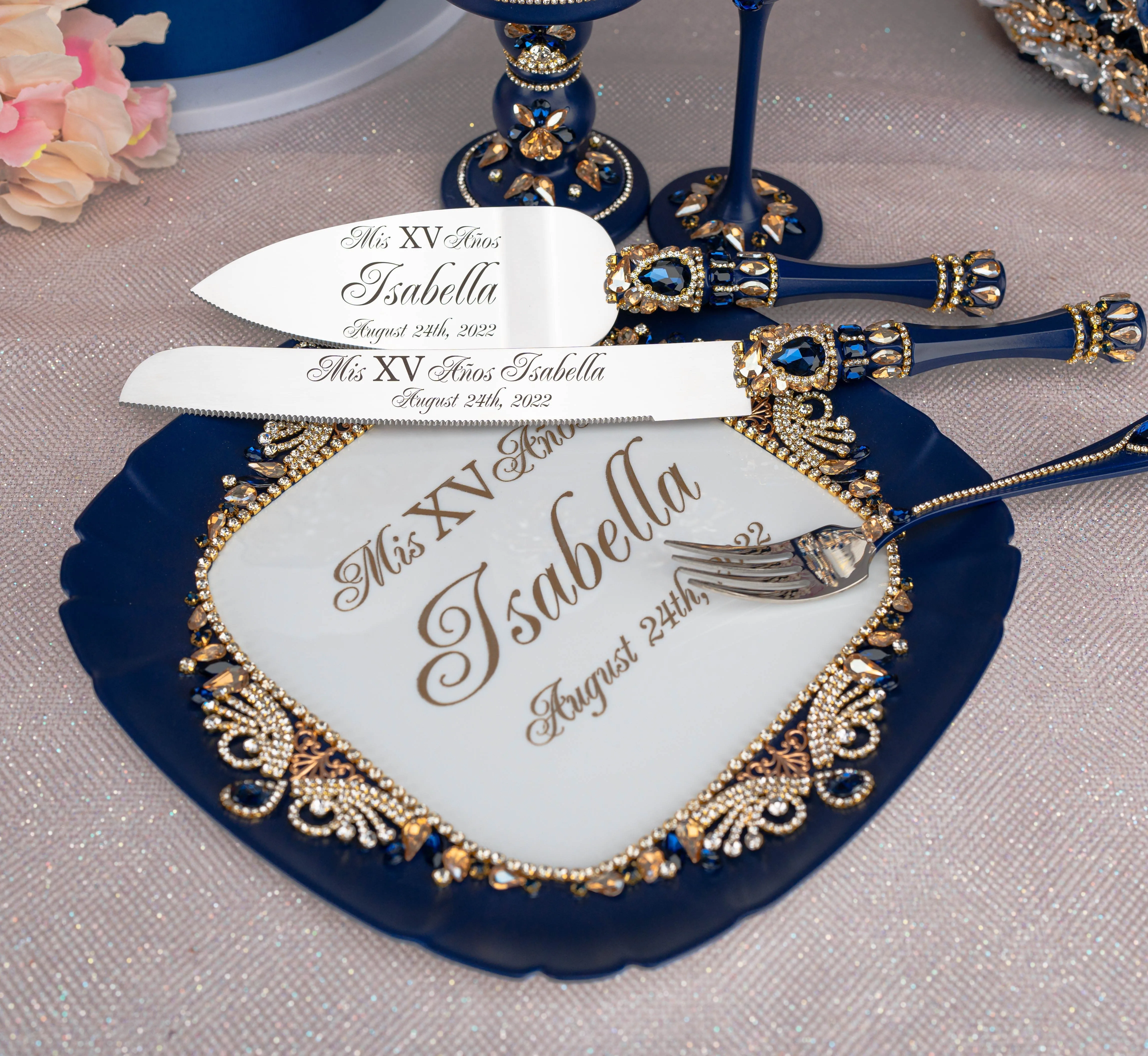 Navy blue with gold quinceanera bouquet 9 inches