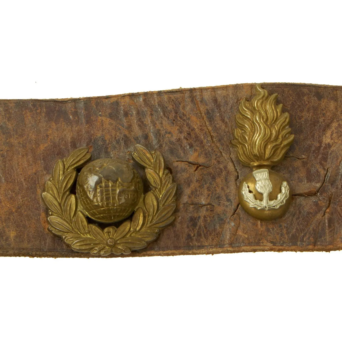 Original British WWI Souvenir Leather Belt with 16 Attached Buttons, Badges & Insignia