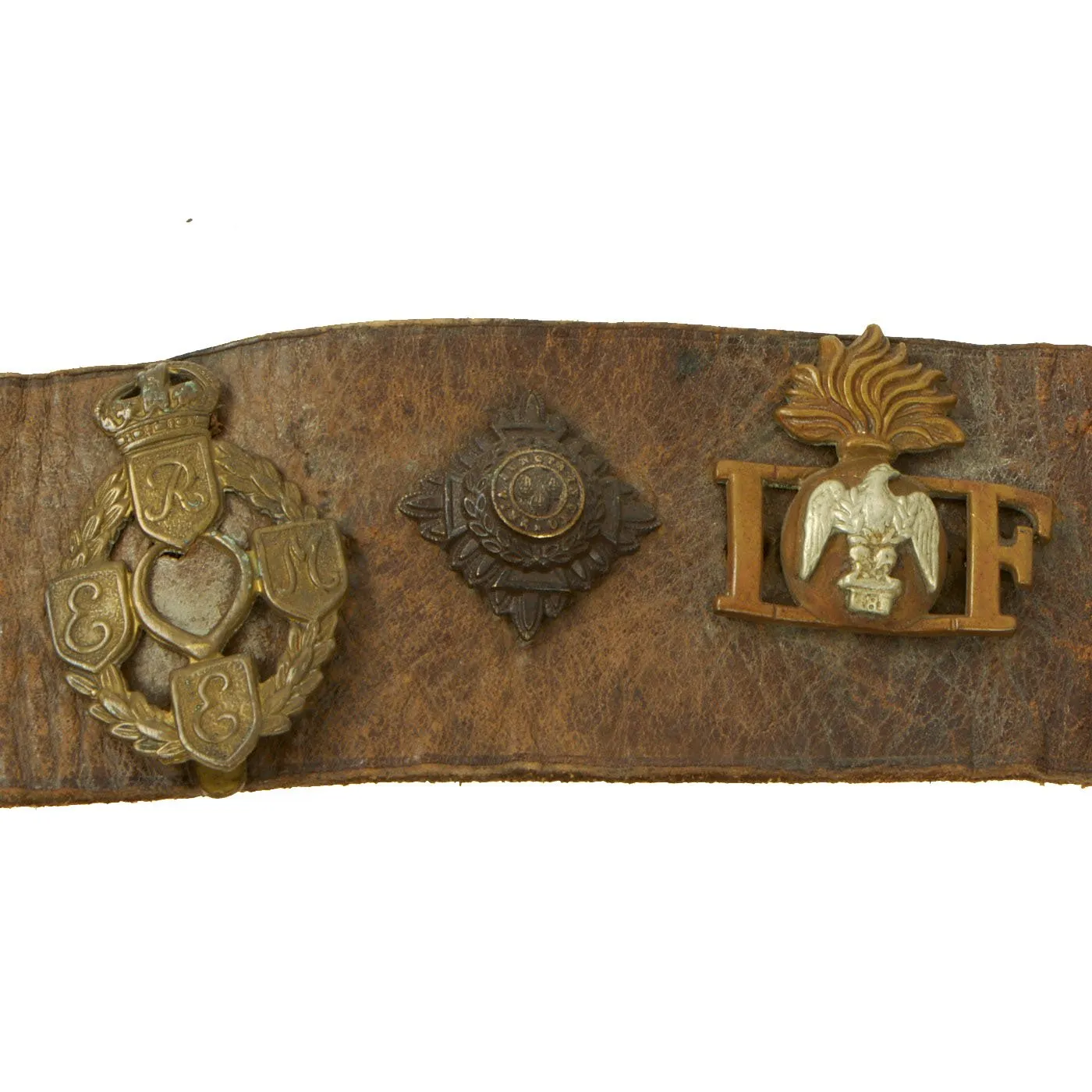 Original British WWI Souvenir Leather Belt with 16 Attached Buttons, Badges & Insignia