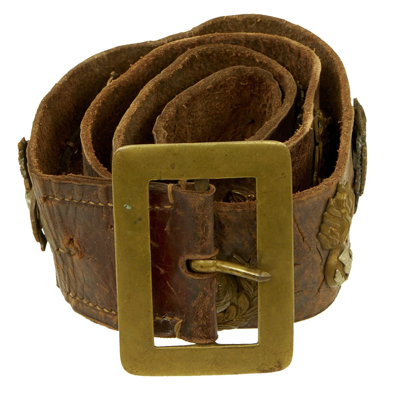 Original British WWI Souvenir Leather Belt with 16 Attached Buttons, Badges & Insignia