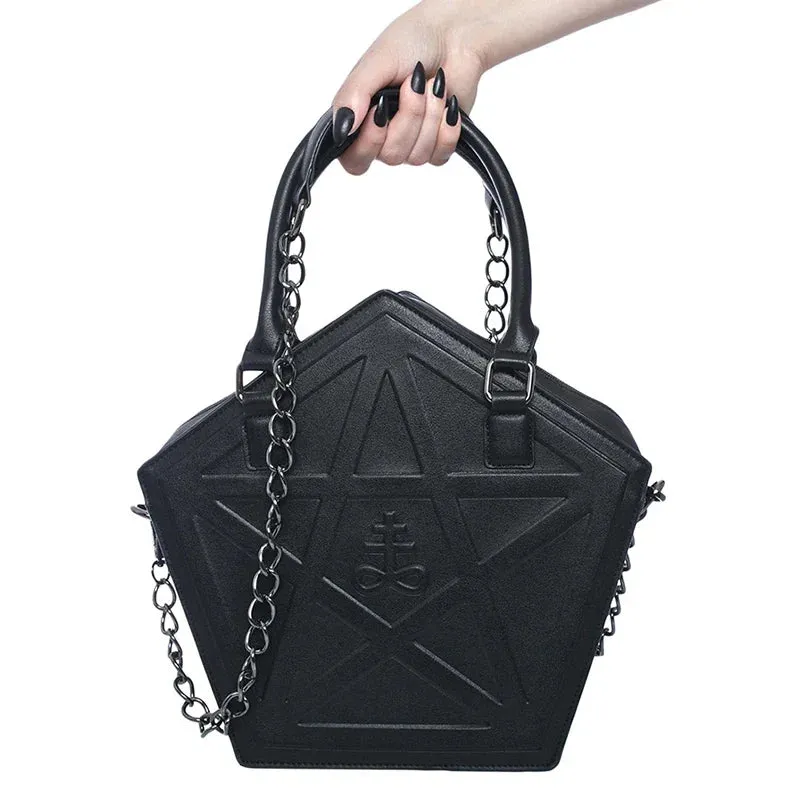 Pentagram Punk Darkness Gothic Star Black Soft Leather Chain Handbag