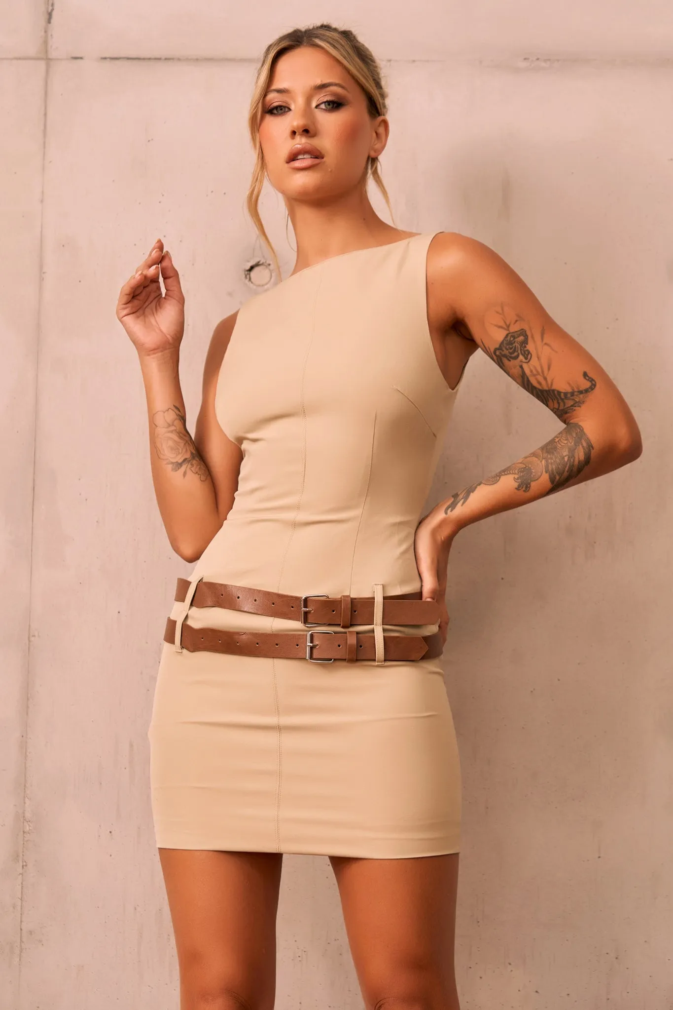 Still Obsessed Mini Dress - Beige