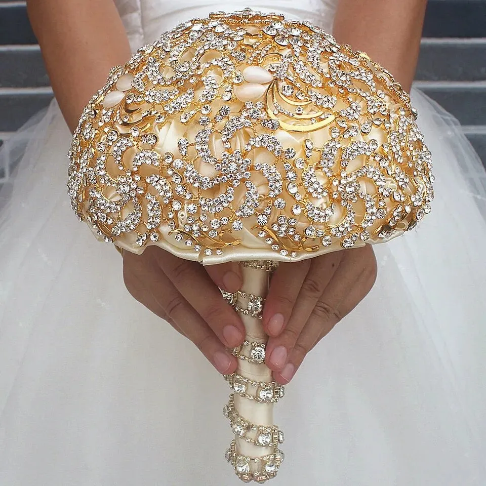 Super Luxurious Crystal Brooch Adorned Silk Ribbon Bouquet