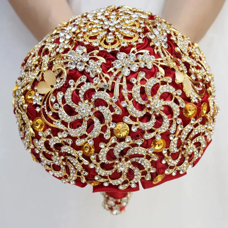 Super Luxurious Crystal Brooch Adorned Silk Ribbon Bouquet