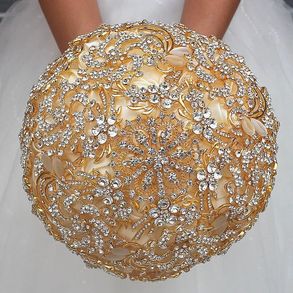 Super Luxurious Crystal Brooch Adorned Silk Ribbon Bouquet