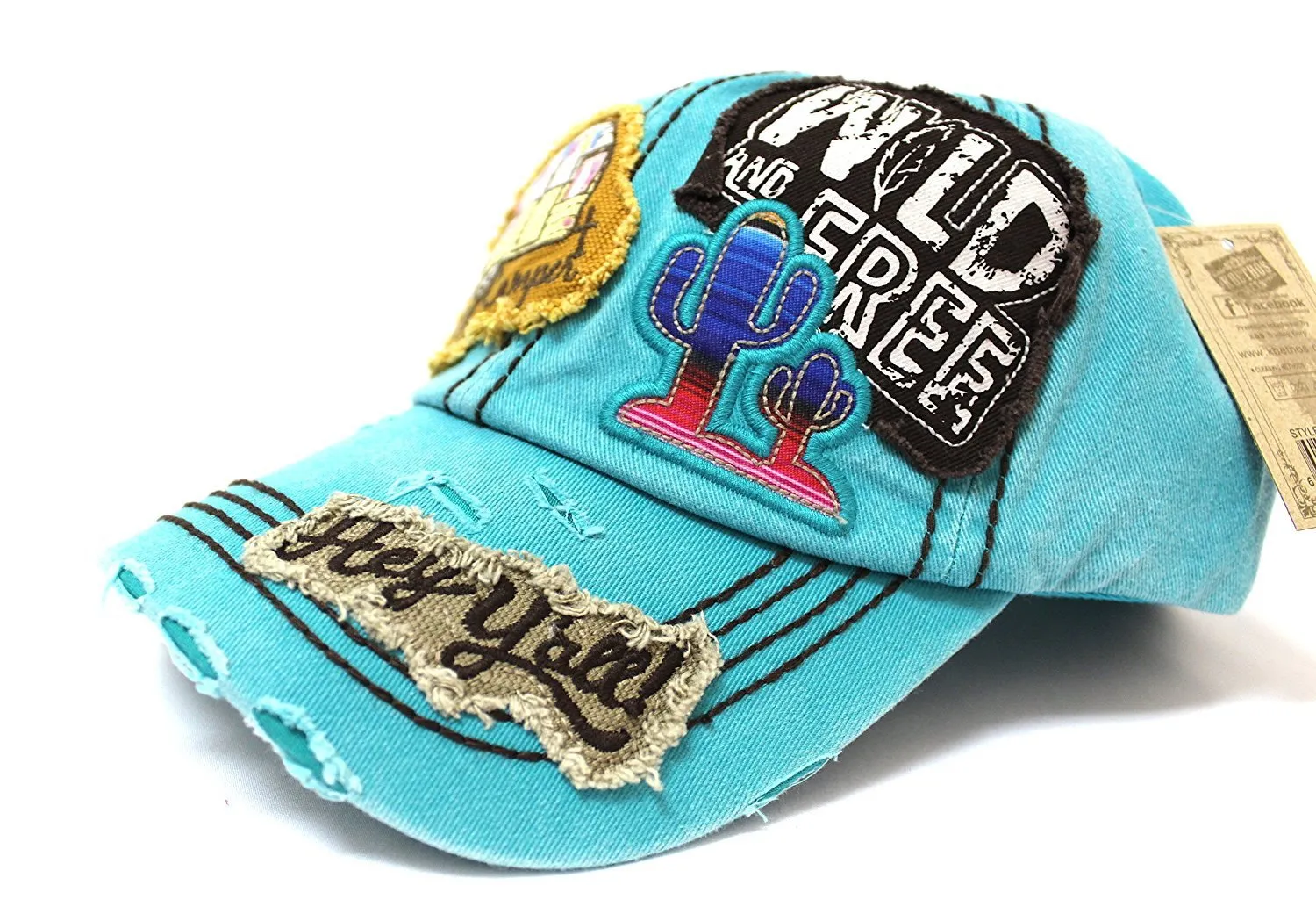 Turquoise "Y'ALL, HAPPY CAMPER, WILD FREE" Multi-Patch Embroidered Adjustable Cap